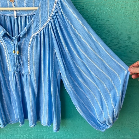 FREE PEOPLE BOHO FLOWY SKY BLUE AND WHITE STRIPED BALLOON SLEEVES TOP SI… - Picture 6 of 10